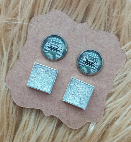 Camo & Black Offroad Vehicle and Clear Square Faux Druzy Stainless Steel Hypoallergenic Stud