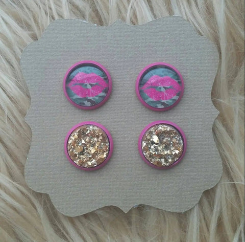 Camo & Hot Pink Lips and Gold Golden Faux Druzy Stud