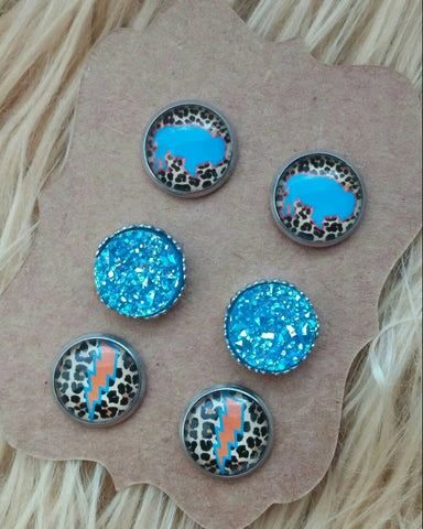OKC Thunder Leopard Print and Blue Buffalo & Blue and Ornate Druzy Stainless Steel Hypoallergenic Stud Earrings