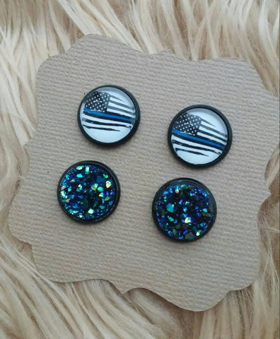 Thin Blue Line Flag & Multicolored Midnight Blue Faux Druzy Earrings
