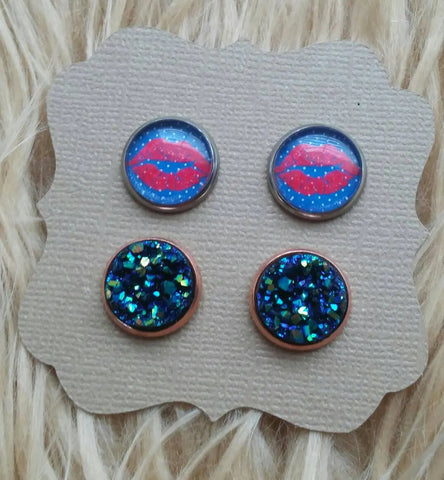 Blue and White Polka Dot & Red Lips and Midnight Blue Faux Druzy Hypoallergenic Stud