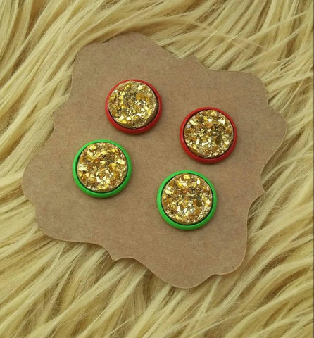 Red & Green Earring Settings with Gold 12mm Faux Druzy Stud Earrings