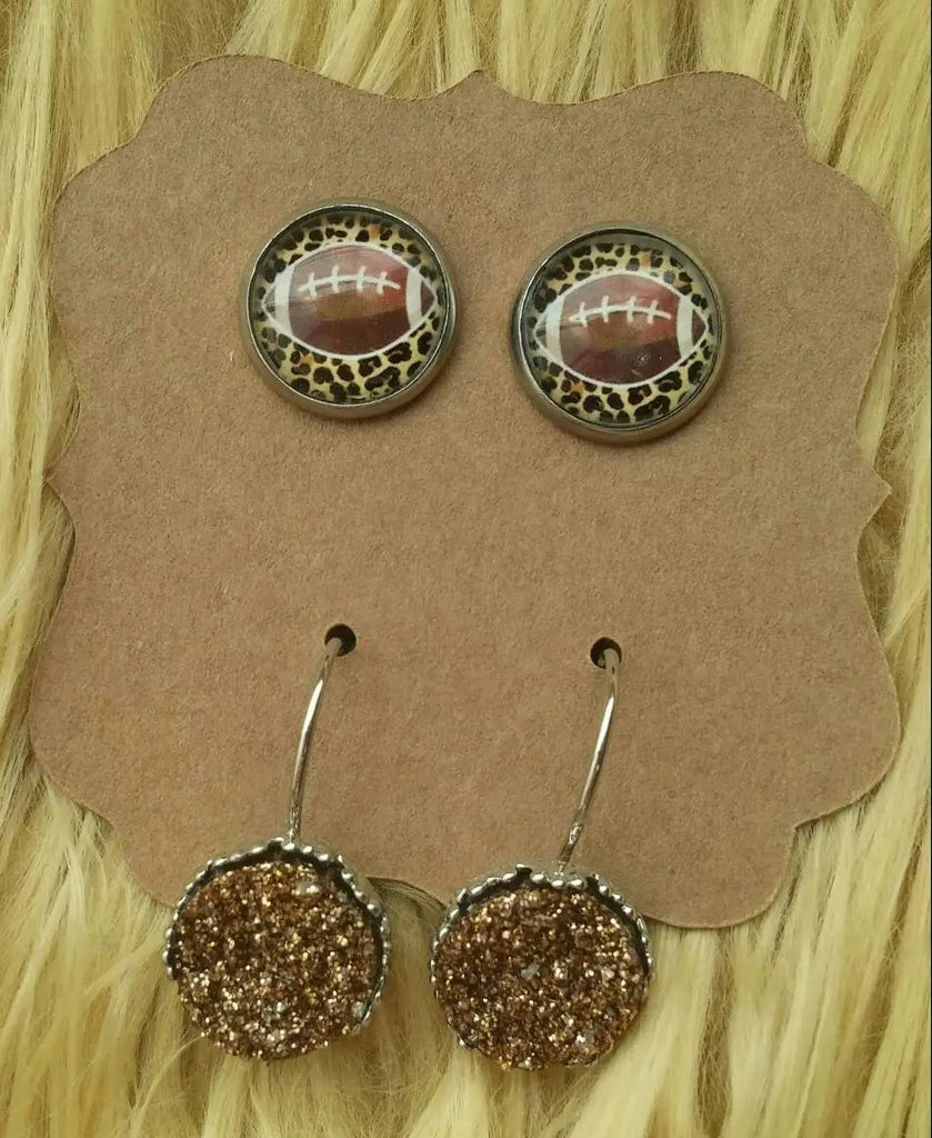 Leopard Print Watercolor Football & Chocolate Faux Druzy Stainless Steel Hypoallergenic Stud Earrings