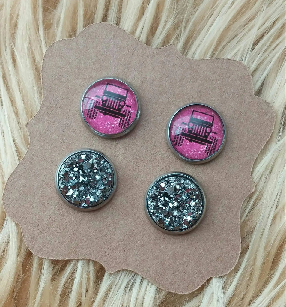 Pink Glitter Offroad Vehicle and Dark Smokey Gray Round Faux Druzy Stainless Steel Hypoallergenic Stud Earrings