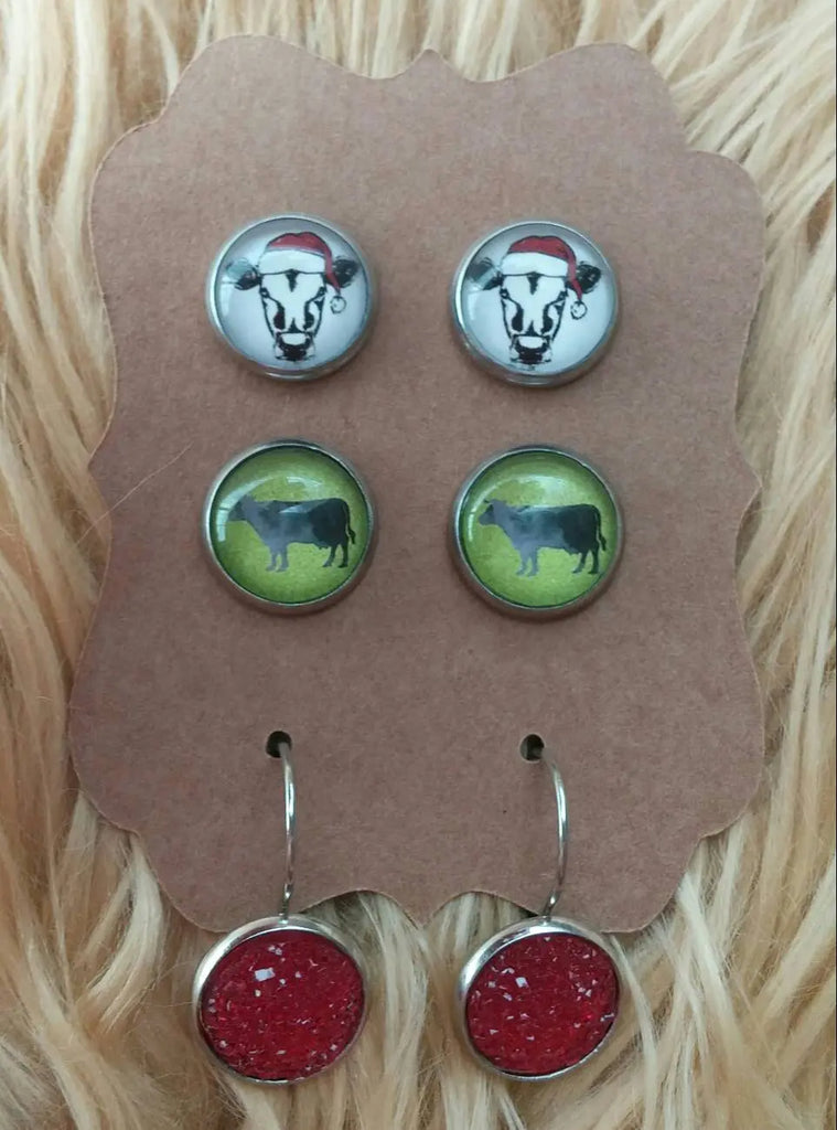 Cow with Santa Hat Country Christmas Hypoallergenic Stainless Steel Stud Earrings Trio