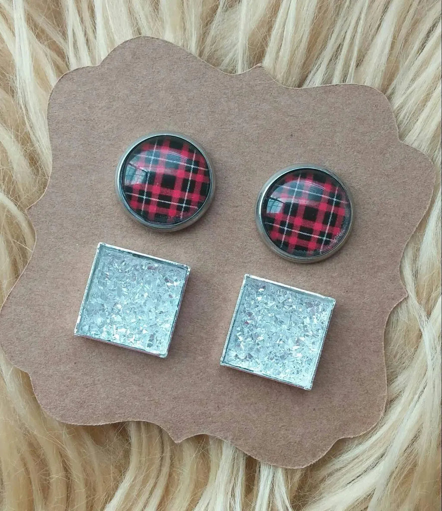 Tartan plaid Red Stainless Steel Hypoallergenic 12mm Square Faux Druzy Stud Earrings