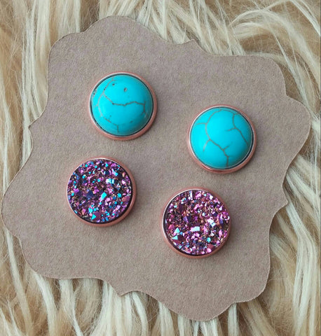 Boho Rustic Pink and Purple Druzy & Turquoise Rose Gold Earring Stud