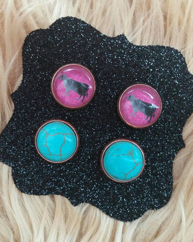 Watercolor Cow Heifer Pink & Turquoise Rose Gold Setting Stud Set