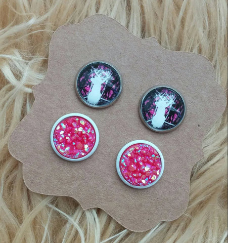 Hot Pink and Purple Deer Head and Pink Iridescent Faux Druzy Hypoallergenic Studs