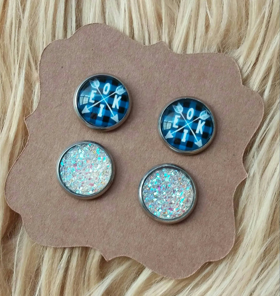 OKIE Arrow Blue Plaid & Champagne Iridescent 12mm Stainless Steel Hypoallergenic Studs