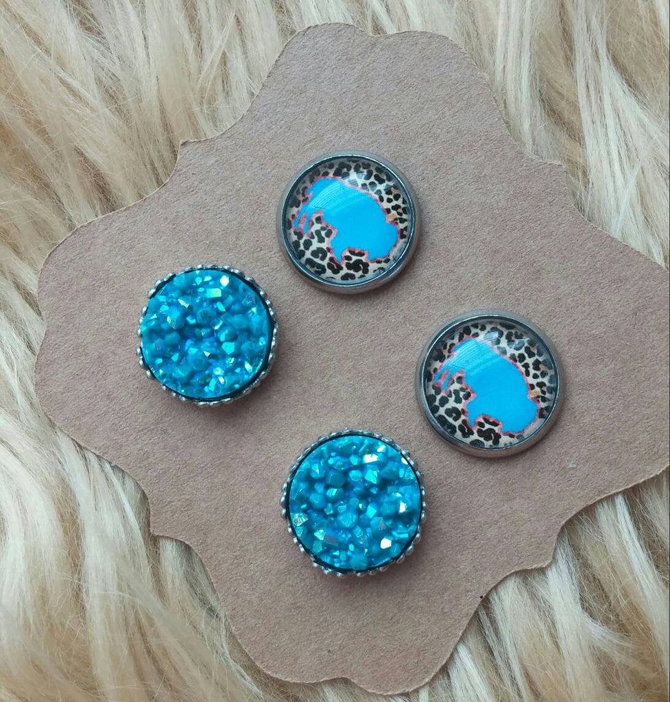 OKC Thunder Leopard Print and Blue Buffalo & Blue and Ornate Druzy Stainless Steel Hypoallergenic Stud Earrings