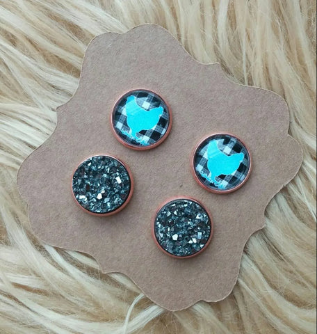Turquoise Chicken & Smokey Gray Faux Druzy Rose Gold Hypoallergenic Stud