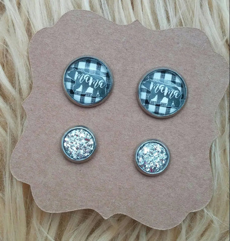 Plaid Mama Bear and 8mm Silver Faux Druzy Stainless Steel Hypoallergenic Stud Shimmer and Sparkle Earrings