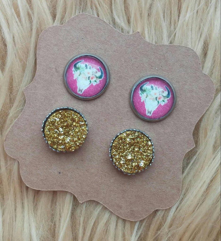 Pink Floral Boho Bull Skull & Glitter Golden Faux Druzy Stainless Steel Hypoallergenic Earrings