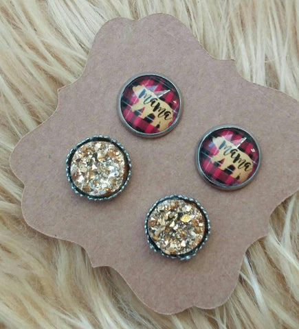 Red Plaid & Gold Mama Bear and Gold Faux Druzy Ornate Crown Stainless Steel Hypoallergenic Stud Earrings