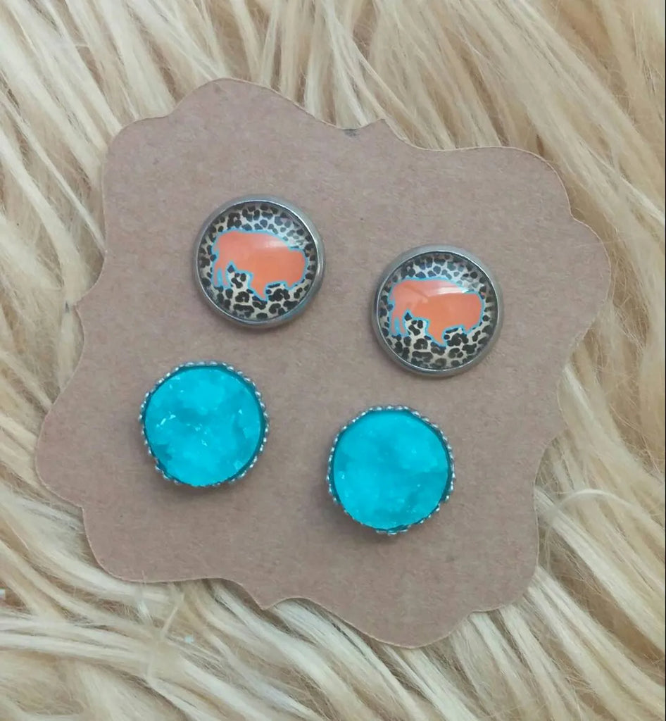 OKC Thunder Leopard Print and Orange Buffalo & Blue and Ornate Druzy Stainless Steel Hypoallergenic Stud Earrings