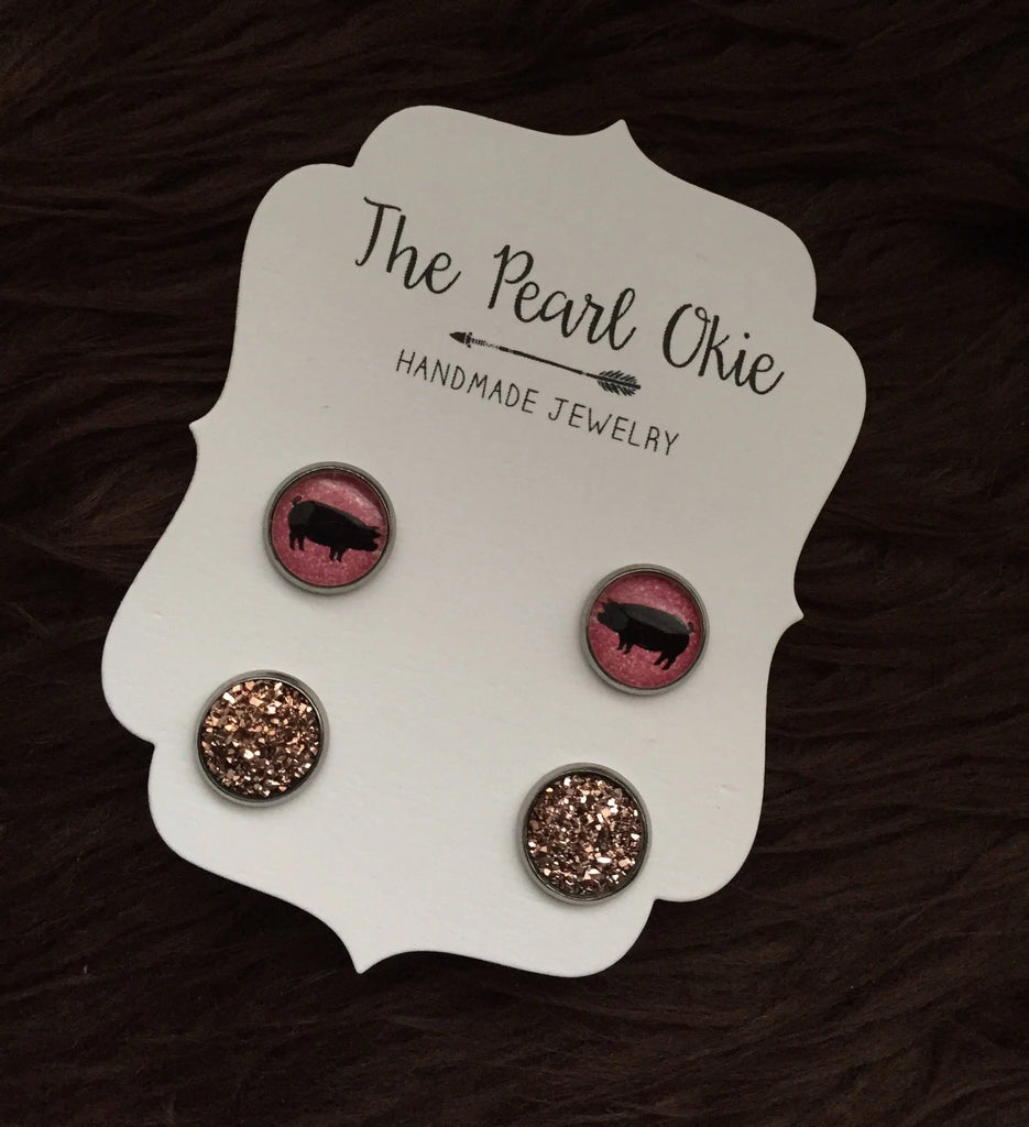 Pink Glitter Pig & Rose Gold Faux Druzy Stainless Steel Hypoallergenic Studs