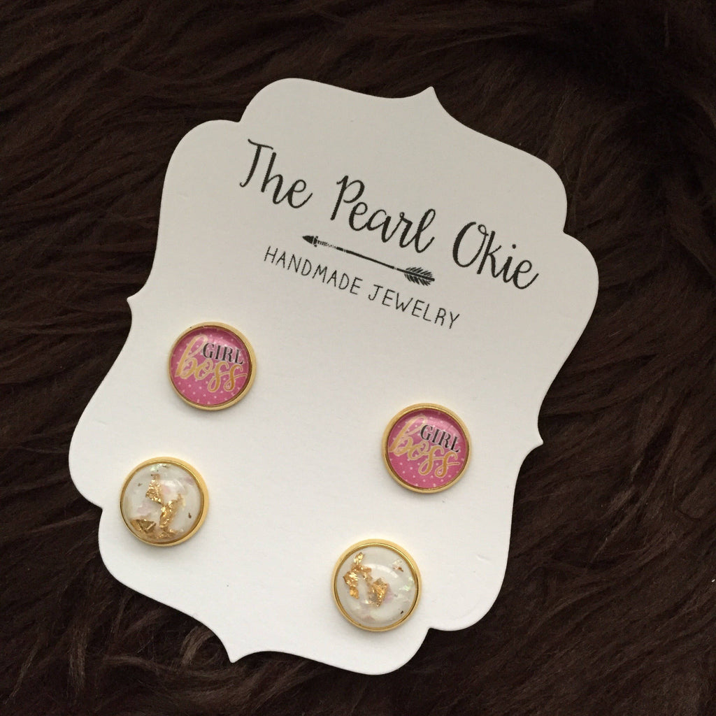 Pink Polkadot and Gold Girl Boss Entrepreneur and White Gold Flake Gold Earring Stud