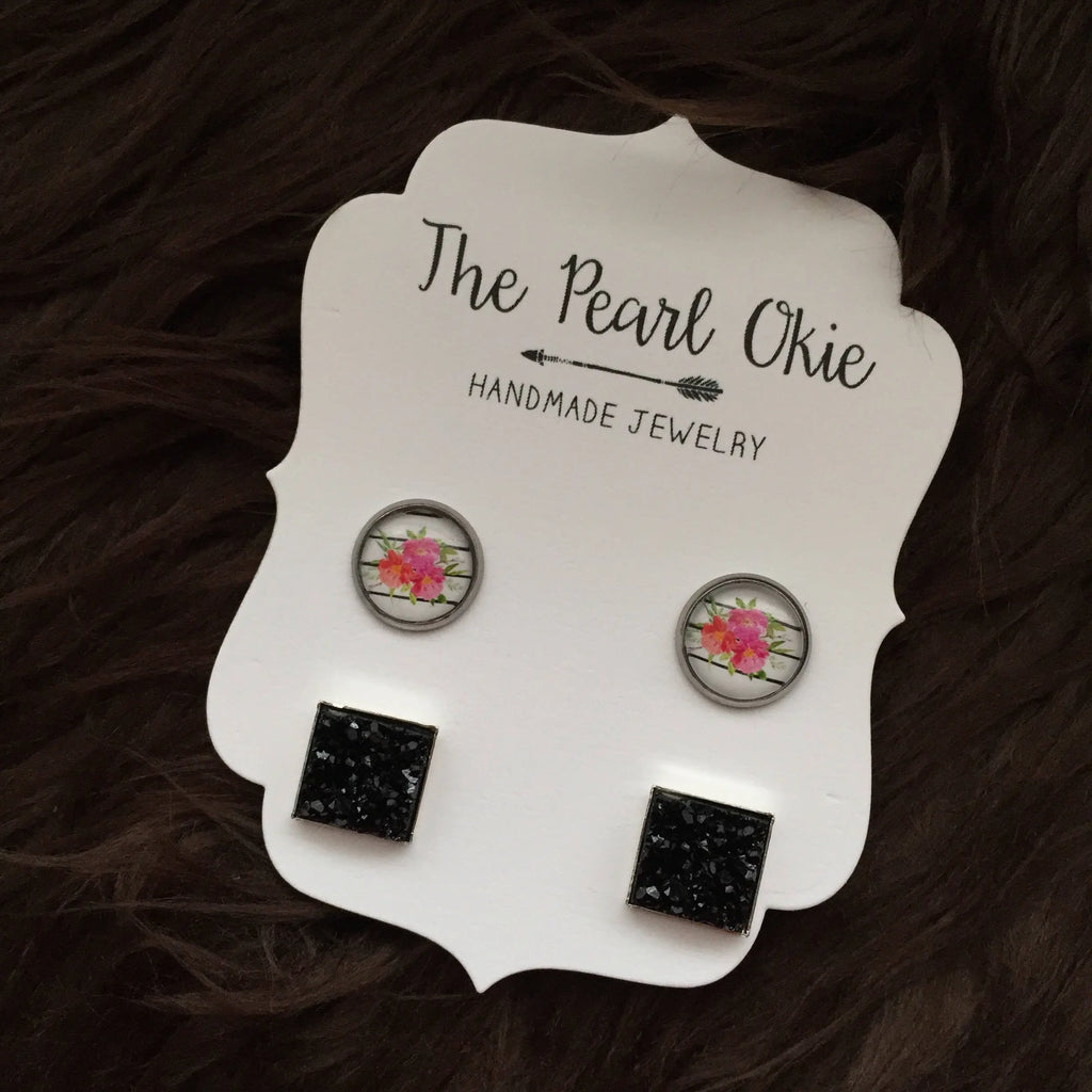 Black and White Floral Stripes & Black Square Faux Druzy Stainless Steel Hypoallergenic Earrings Earring Set
