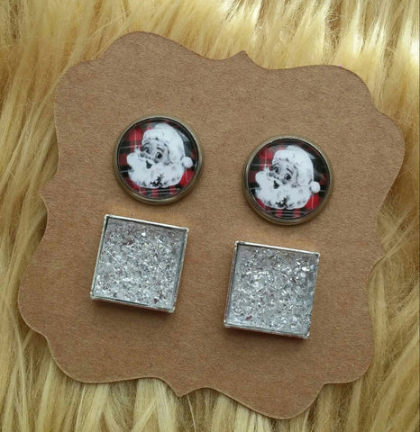 Vintage Santa & Red Plaid Dot and Clear Square Faux Druzy Stainless Steel Hypoallergenic Stud Earrings