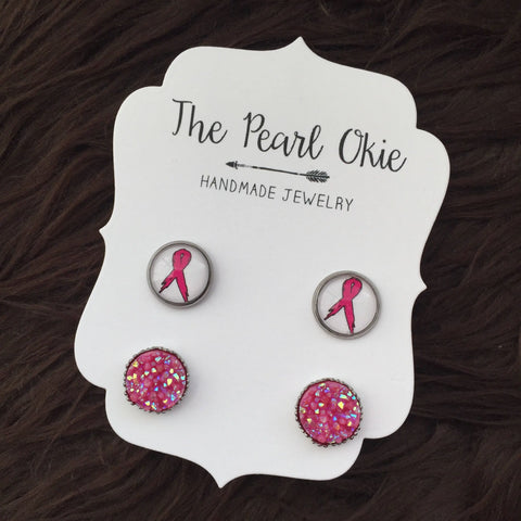 Pink Breast Cancer Awareness Ribbon & Hot Pink Iridescent Ornate Faux Druzy Stainless Steel Hypoallergenic Stud