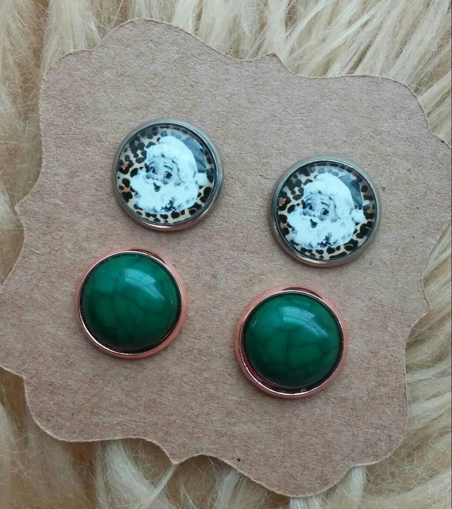 Vintage & Leopard Print Santa and Hunter Green Cracked Stone with Rose Gold Setting Stainless Steel Hypoallergenic Stud