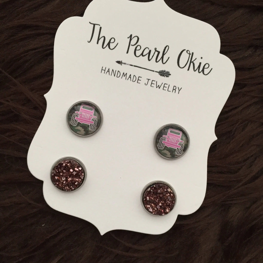 Camo & Pink Offroad Vehicle and Dark Rose Gold Faux Druzy Stainless Steel Hypoallergenic Stud Earrings