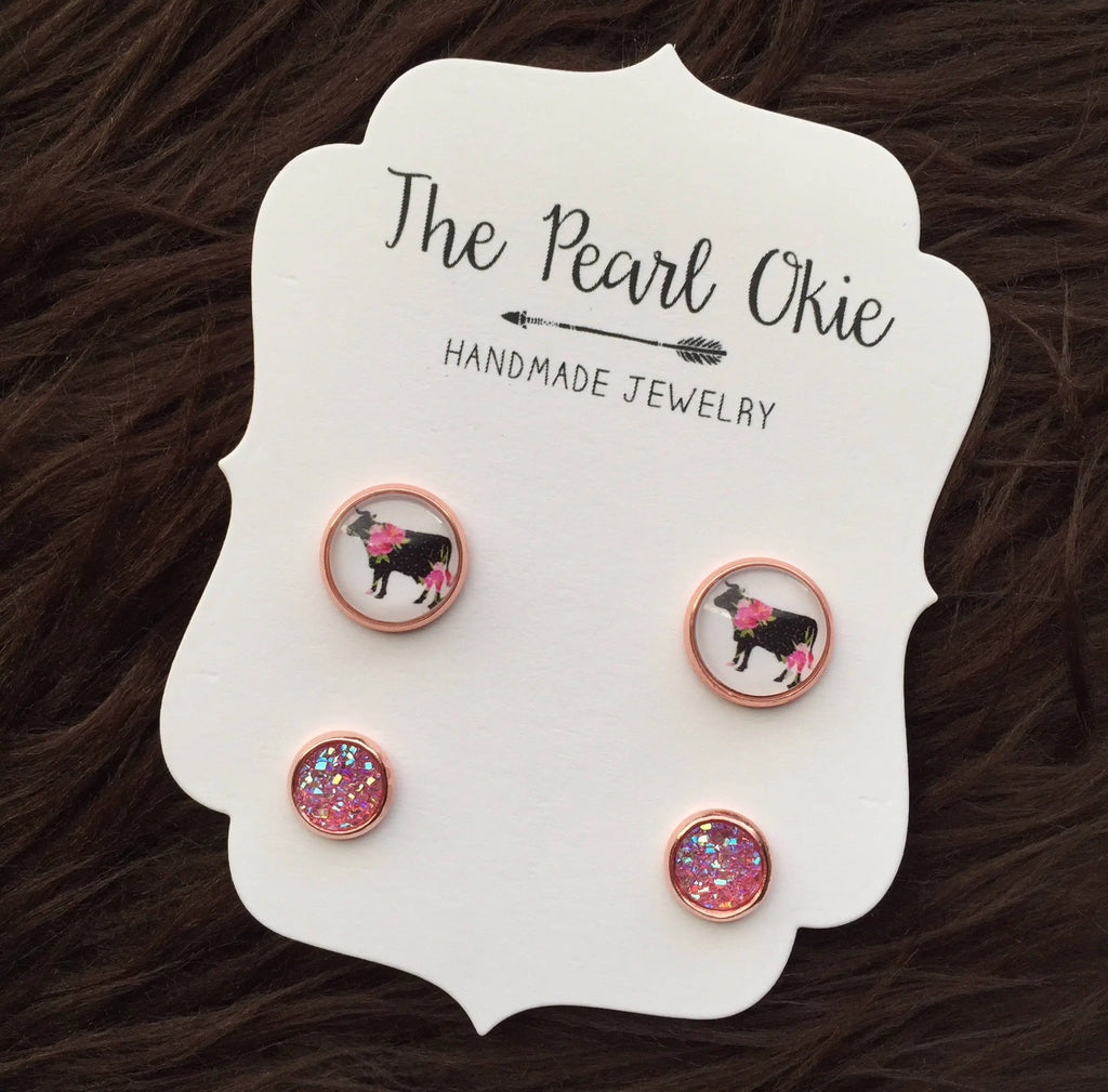 Floral Cow Heifer & 8mm Pink Faux Druzy Rose Gold Earring Stud