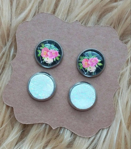 Black and White Floral Stripes & White Iridescent Faux Druzy Stainless Steel Hypoallergenic Earrings