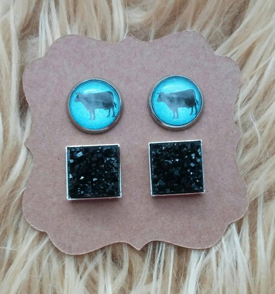 Blue Watercolor Cow Heifer & Black Square Faux Druzy Stainless Steel Hypoallergenic Stud