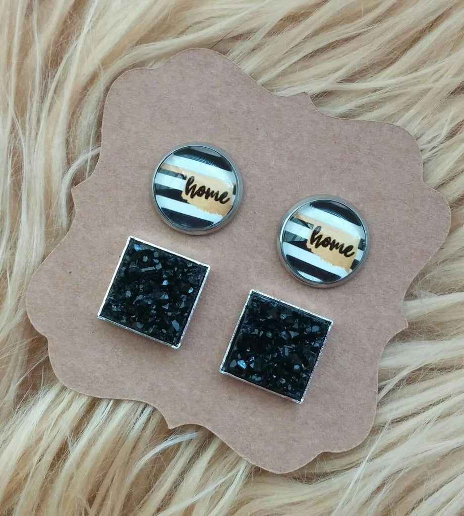 Black & White Stripe Gold Watercolor Oklahoma Home and Black Square Faux Druzy Stainless Steel Earrings