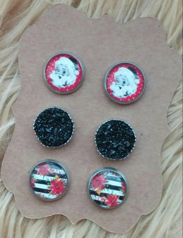 Vintage Santa with Red Polka Dot and Black Faux Druzy Ornate Crown Stainless Steel Hypoallergenic Stud Earrings