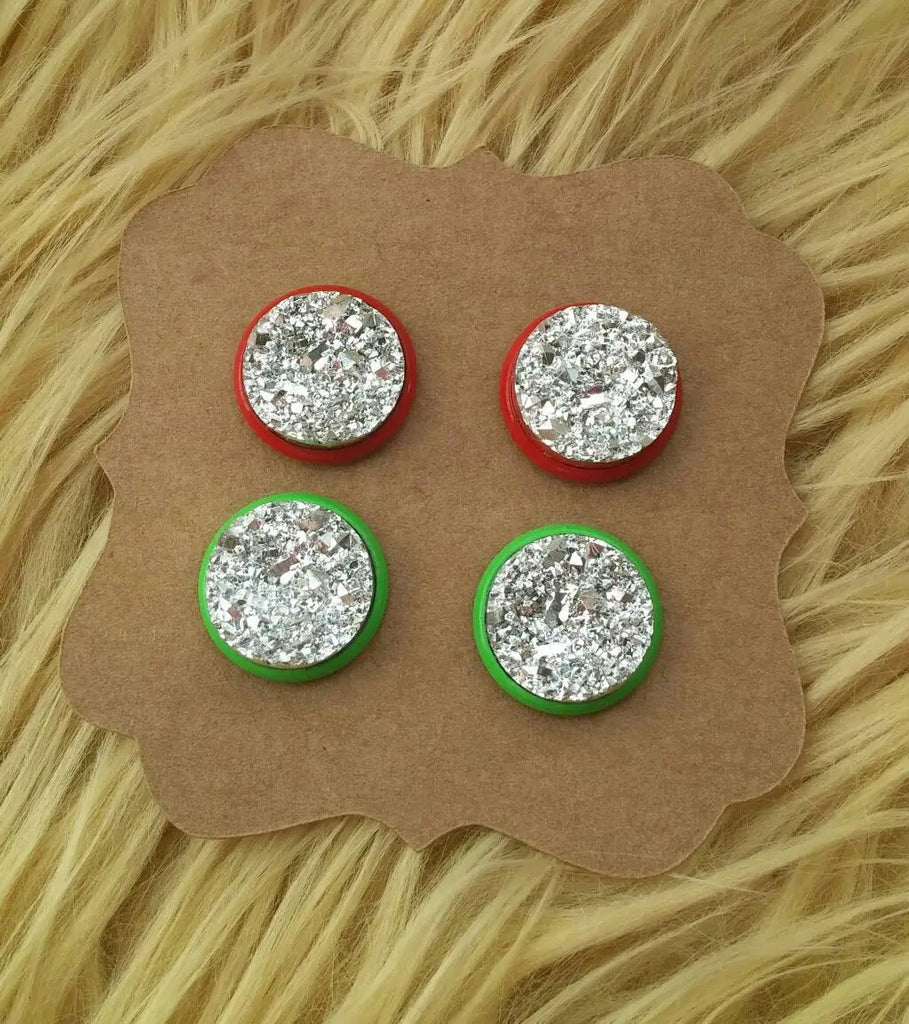 Red & Green Earring Settings with Silver 12mm Faux Druzy Stud Earrings