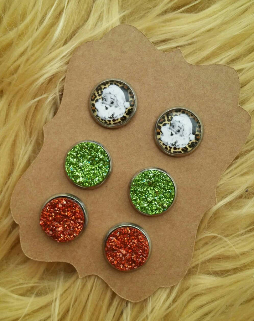 Leopard Print Santa and Christmas Faux Druzy Red and Green Stainless Steel Hypoallergenic Stud Earrings Trio