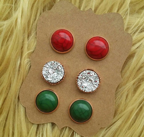 Red and Green Christmas Stone and Ornate Crown Silver Faux Druzy Stud Earrings