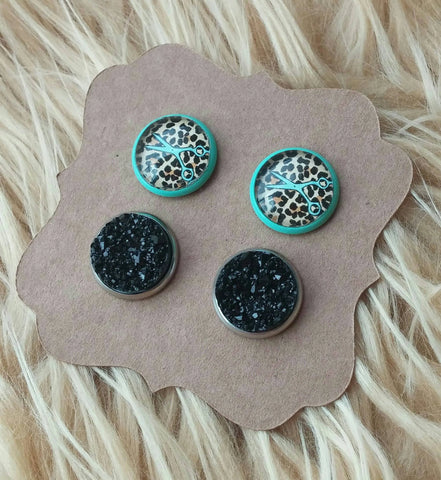 Salon Hairstylist Mint Green Shears & Leopard Print and Black Faux Druzy Hypoallergenic Earring Studs