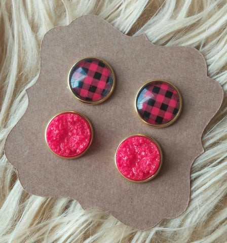 Buffalo Plaid Red and Gold Settings 12mm Solid Red Faux Druzy Stud Earrings