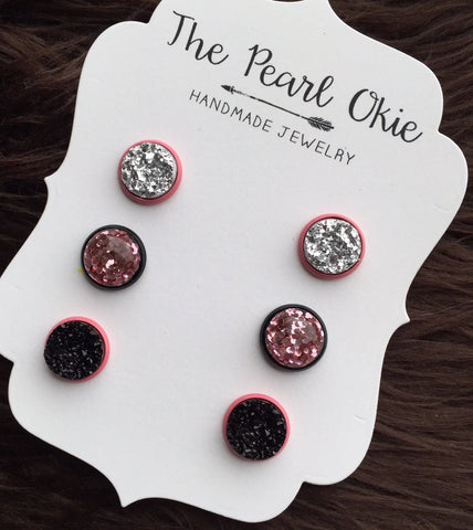 Pink and Black Druzy Earring Trio Set
