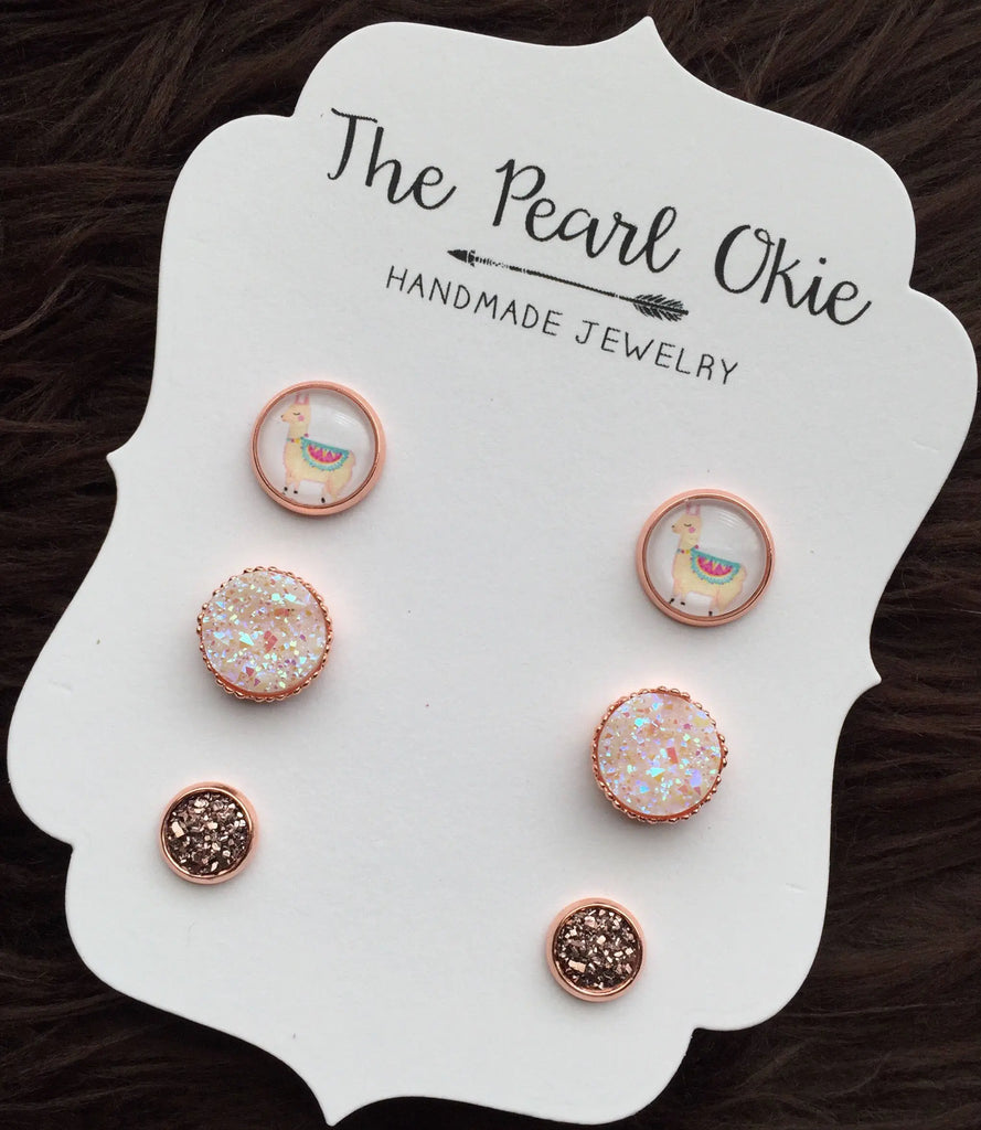 Rose Gold Llama and Iridescent White Faux Druzy Ornate Earring Trio Set