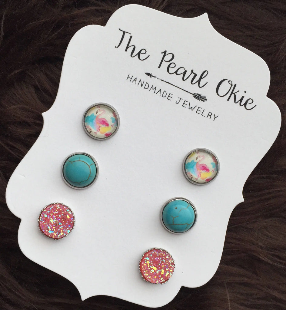 Flamingo, Turquoise and Iridescent Pink Faux Druzy Ornate Earring Trio Set
