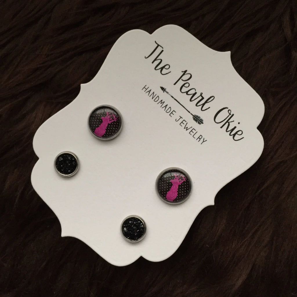 Pink Fuchia Glitter Deer Head Black & White Polka Dot and 8mm Black Faux Druzy Stainless Steel Hypoallergenic Stud Earrings
