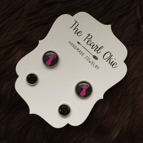 Pink Fuchia Glitter Deer Head Black & White Polka Dot and 8mm Black Faux Druzy Stainless Steel Hypoallergenic Stud Earrings