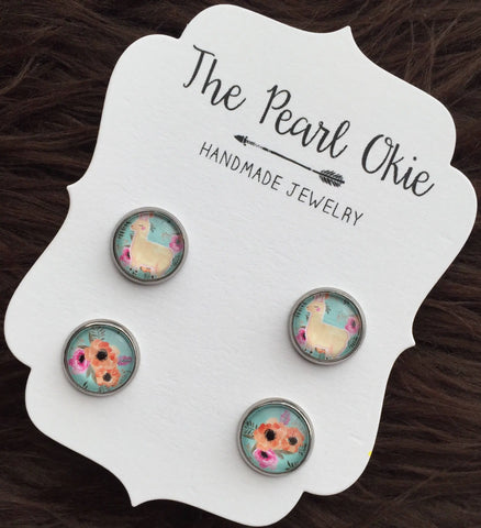 Teal Spring Floral Llama and Matching Floral Hypoallergenic Earring Set