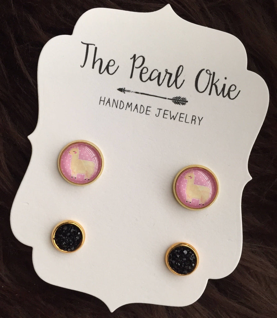 Pink Polka Dot Llama and Black 8mm Faux Druzy Gold Earring Set