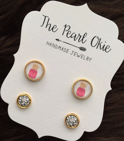 Pink Watercolor Pineapple and Silver 8mm Faux Druzy Gold Earring Set