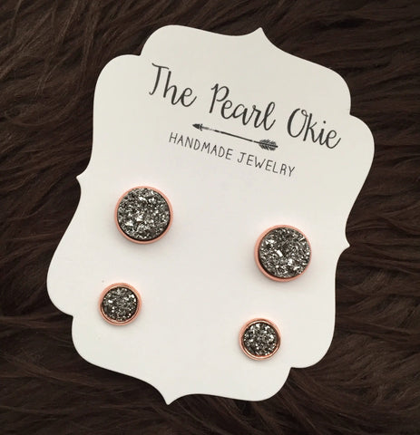 Rose Gold and Dark Smokey Gray 12mm & 8mm Faux Druzy Set