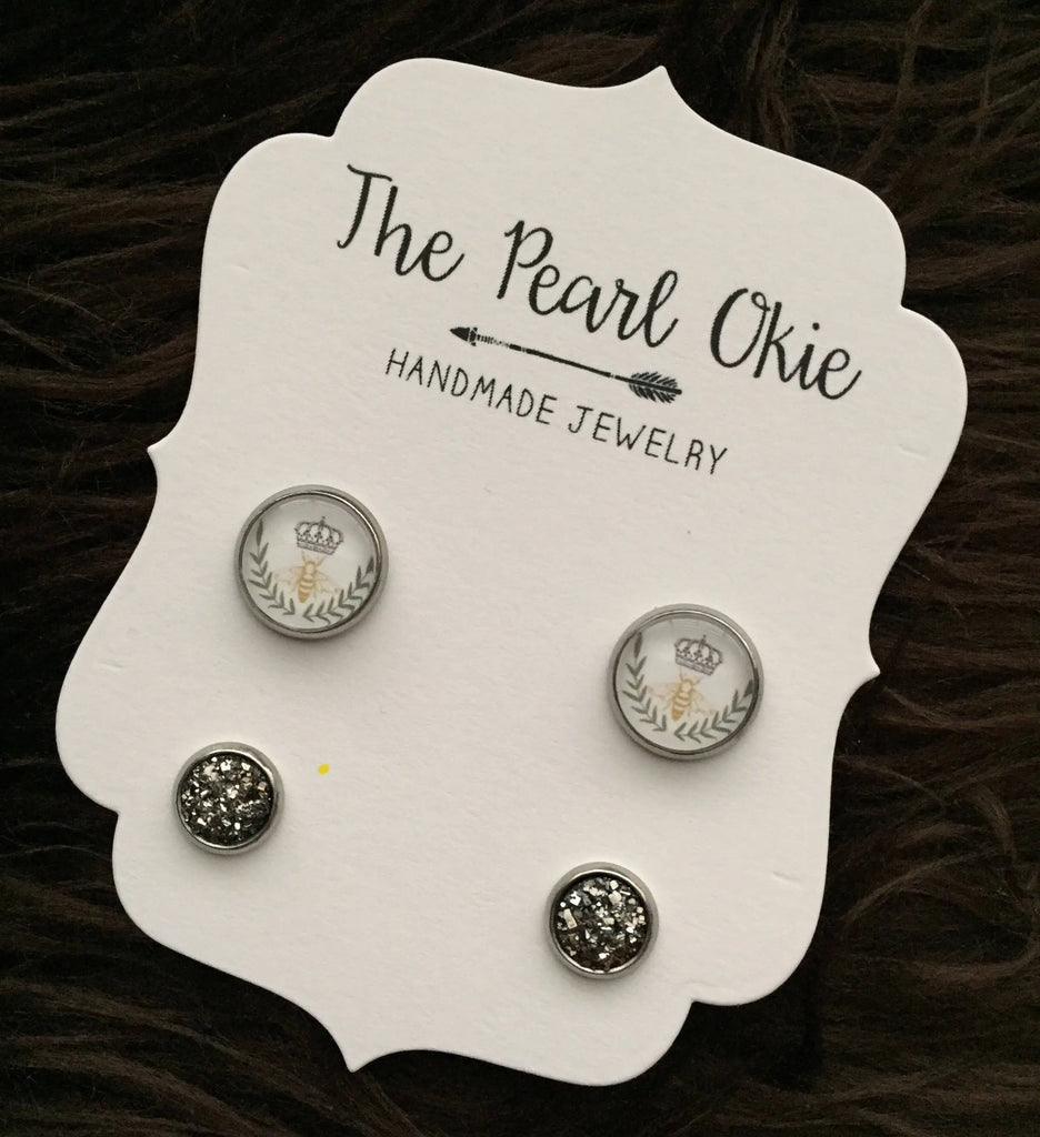 Queen Bee Flourish Bumble Bee & 8mm Dark Smokey Gray Faux Druzy Stainless Steel Hypoallergenic Stud Earrings