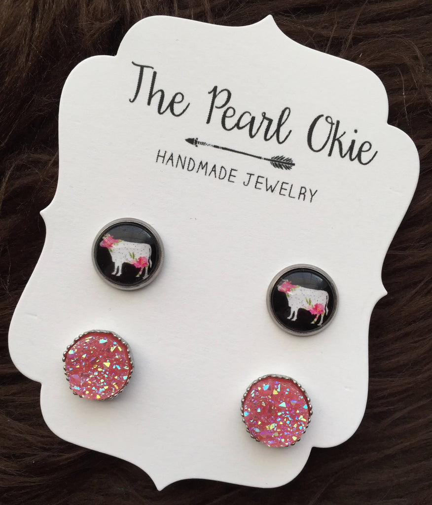 Floral Cow Heifer & Pink Iridescent Ornate Faux Druzy Stainless Steel Hypoallergenic Stud