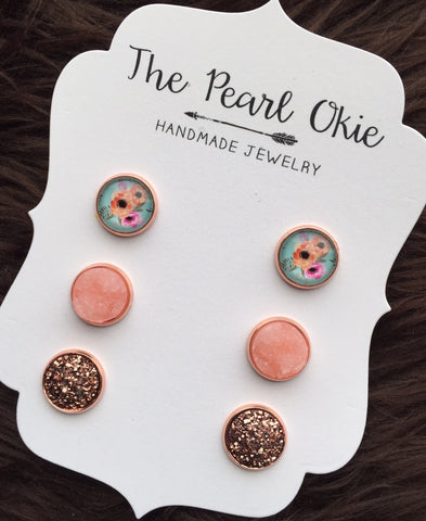 Teal Spring Easter Floral Rose Gold Matching Stud Pink Peach and Rose Gold Faux Druzy Earring Trio