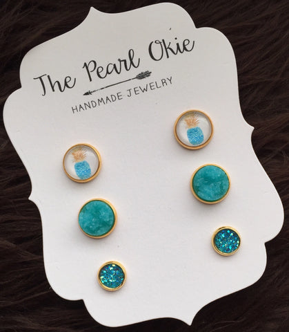 Blue Watercolor Pineapple Matching Stud Bright Turquoise Blue and 8mm Iridescent Blue Faux Druzy Earring Trio Set